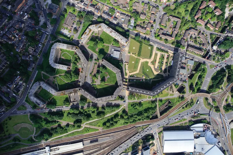 Birds Eye View Of Green Spaces And Housing