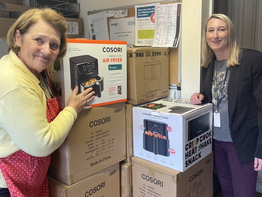 Pfp Customer Support Co Odinator Pat Turley And Social Value Project Co Ordinator Melanie Wigley With The Air Fryers For Customers (1)