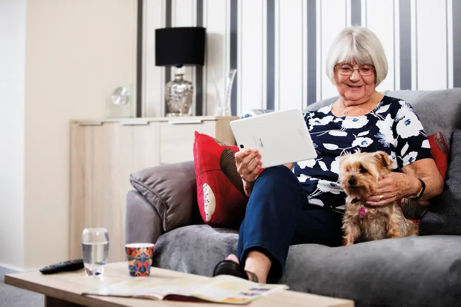 Older Lady On Sofa With Dog